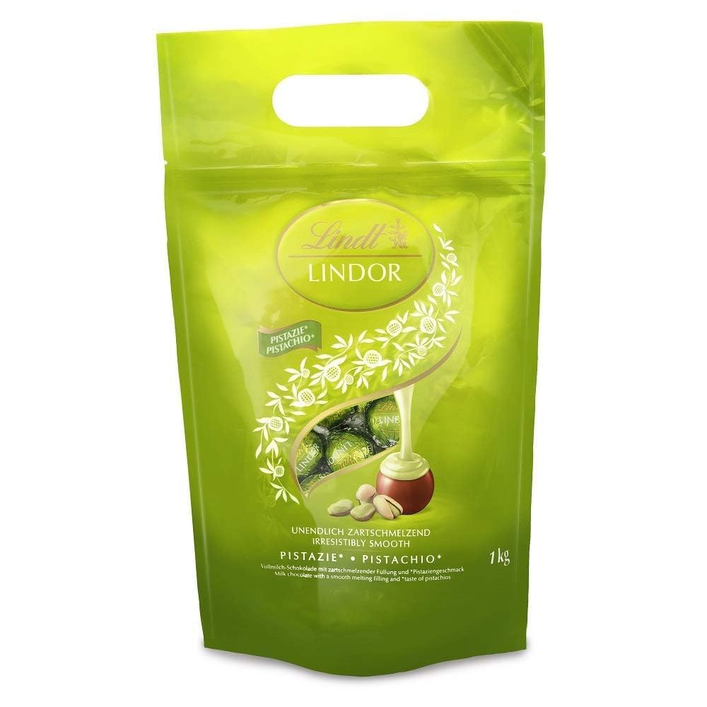 Lindt LINDOR Schokoladen Pistazie | 1 kg Beutel, wiederverschließbar | ca. 80 Kugeln Milch-Schokolade mit zartschmelzender Pistaziencrèmefüllung | Großpackung, Pralinen-Geschenk