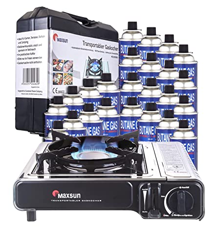 Preisvergleich Produktbild Maxsun / MaXimum Edelstahl Premium Gaskocher Set / tragbarer Campingkocher / Gaskartuschen Kocher (Kocher + 24 Kartuschen)