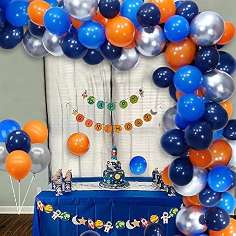 Blue Balloon Arch Kit, Orange and Blue Balloon Arch Garland Kit with Metallic Silver Balloons, Space Royal Navy Blue Orange Balloons for Outer Space Theme Birthday Baby Shower Party Decorations Cover