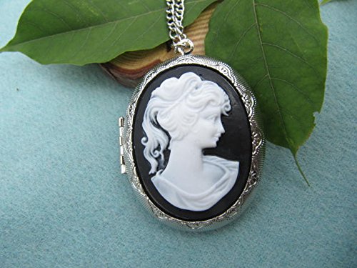 Silver Cameo Locket Necklace Black White Cameo Necklace Vintage Lady Cameo Photo Locket Large Oval Locket #TOP2