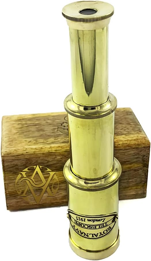 Solid Brass Royal Navy Telescope in Wooden Box & Shiny Brass Sundial Compass in Vintage Box Decor Gifts
