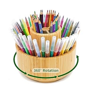 VaeFae Bamboo Pen Holder Organizer, 360° Rotating Art Supply Organizer, Desktop Storage for Marker Pens, Colored Pencil, Art Brushes, etc.