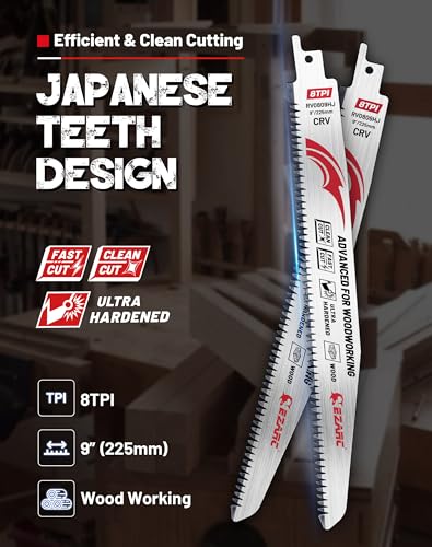 EZARC Japanese Tri-Edged Teeth Reciprocating Saw Blades, 225 mm, Fleam Ground Teeth, 8 TPI for Tree Trimming, Wood/Wet Wood Cutting, 5 Pieces 2 EZARC Japanese Tri-Edged Teeth Reciprocating Saw Blades, 225 mm, Fleam Ground Teeth, 8 TPI for Tree Trimming, Wood/Wet Wood Cutting, 5 Pieces - Image 2