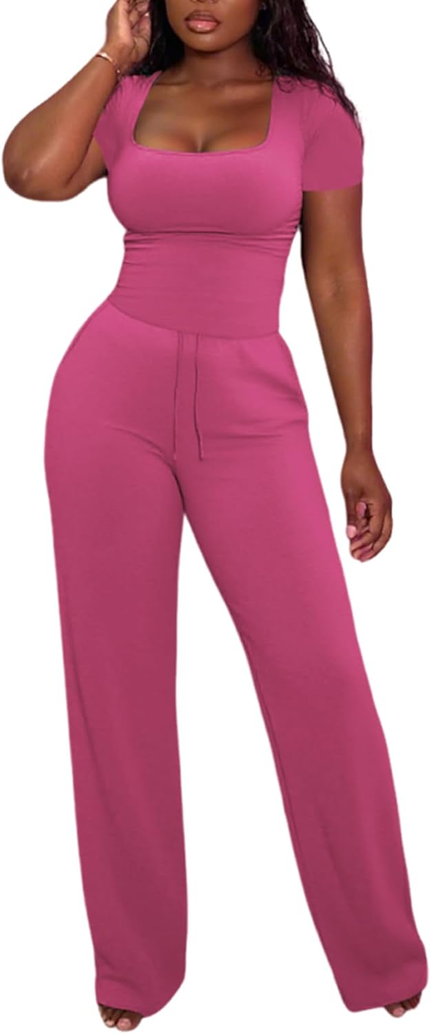 PINSV Women's 2 Piece Outfits Square Neck Short Sleeve Top Wide Leg Pants Tracksuit Lounge Sets