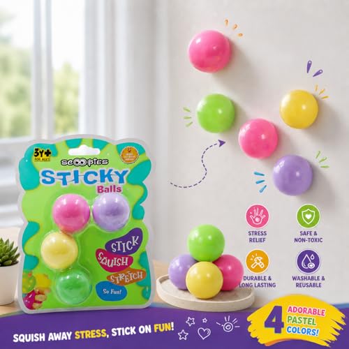 Image of Scoobies Sticky Balls | Pack of 4 Pastel Colours | Squishy Sensory Fidget for Kids | Wall-Sticking Play | Non-Toxic TPR Rubber | Stress & Anxiety Relief Toy