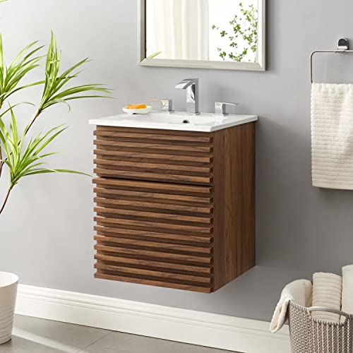 Modway Render 18" Wall-Mount Bathroom Vanity in Walnut White Modway Render 18" Wall-Mount Bathroom Vanity in Walnut White
