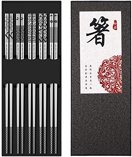 Metal Chopsticks Reusable 188 Stainless Steel Chopsticks Multipack Dishwasher Safe Chop Sticks Fancy Laser Engraved Non-slip Japanese Korean Chopstick for Cooking Eating 9 14 Inches 5 Pairs Gift Set