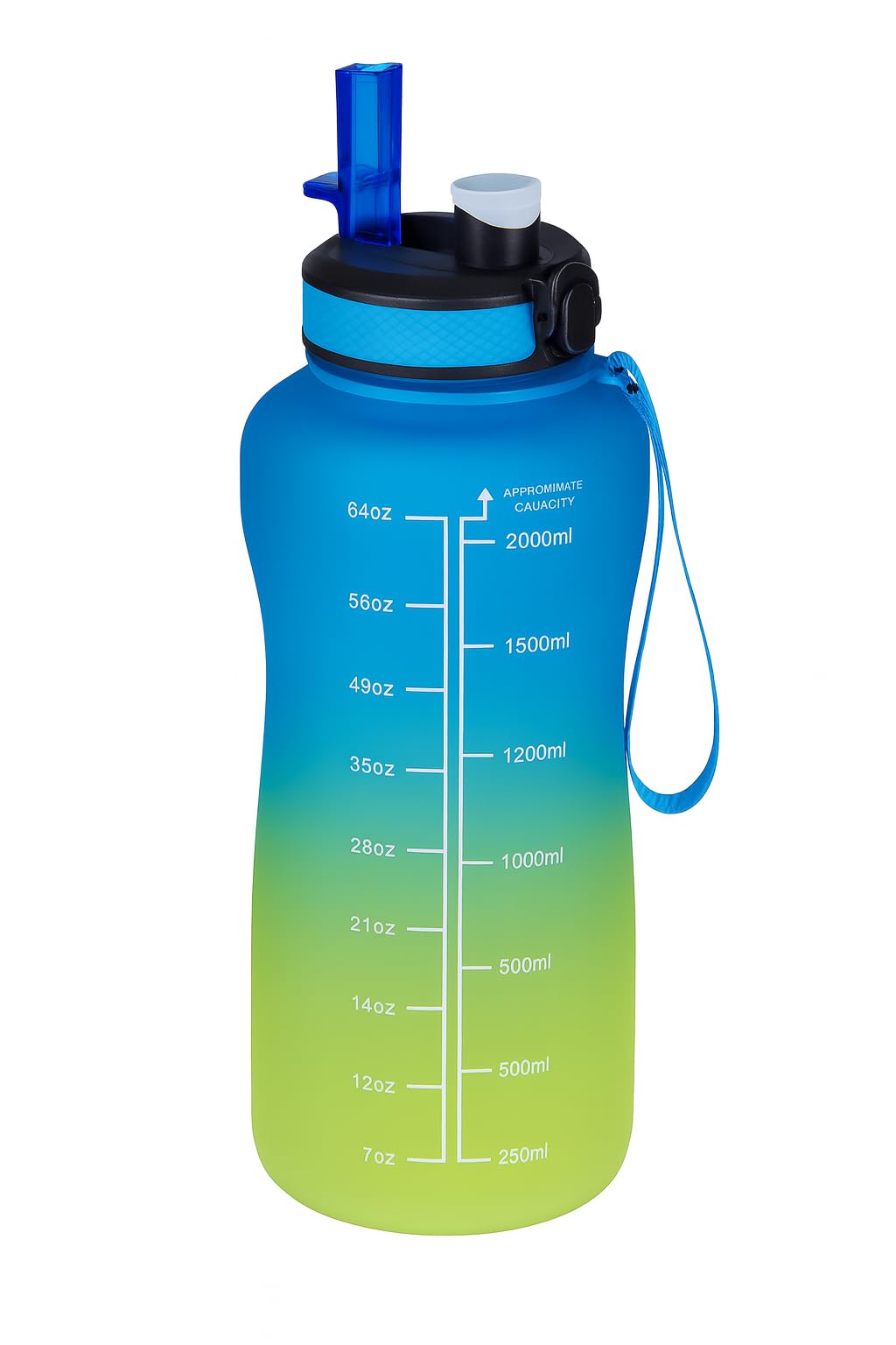 Arkeya Blue Motivational Water Bottle With Time Markers, 2L, Gradient Colours, Leak-Proof Flip-Top Lid (Blue)