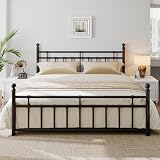 iPormis King Metal Bed Frame with Vintage Headboard and Footboard, Farmhouse King Size Bed Frame, Under Bed Storage, No Box Spring Needed, Noise-Free, Black