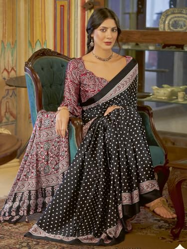 Image of SAREE MALL Women's Ajrkh Print Satin Crepe Polka Dot Printed Saree With Unstitched Blouse Piece