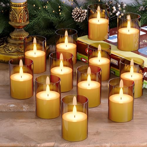 Image of 12Pack Flameless LED Candles with Timer, Battery Operated, Gold, 2 inchx3 inch | Small Pillar & Votive Candle with Realistic Flickering Warm Glow for Centerpieces, Wedding Tables, Holiday, and Home Decor