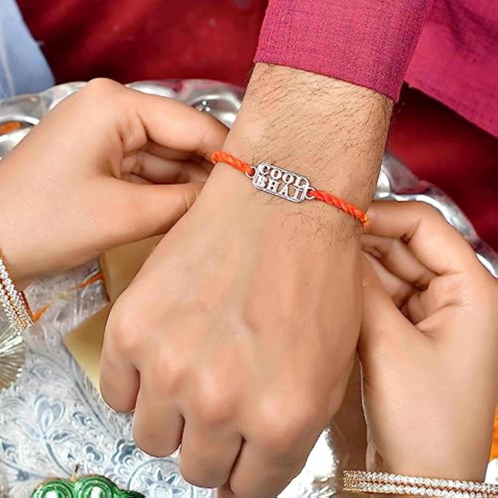 925 Silver Bhai Thread Rakhi with Roli Chawal Pack