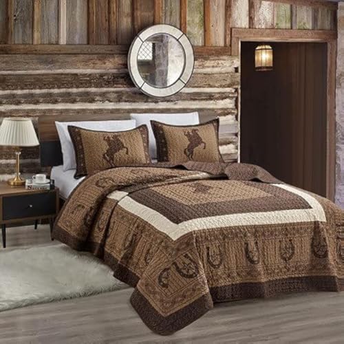 Sapphire Home Luxury 3-Piece Quilt Bedspread Set - Western Design Collection - Wild Horse Country/Horseshoe/Star/Cowboy/Southwestern Blue/Tayler Design w/Pillow Sham - King Size, CoffeeBrown