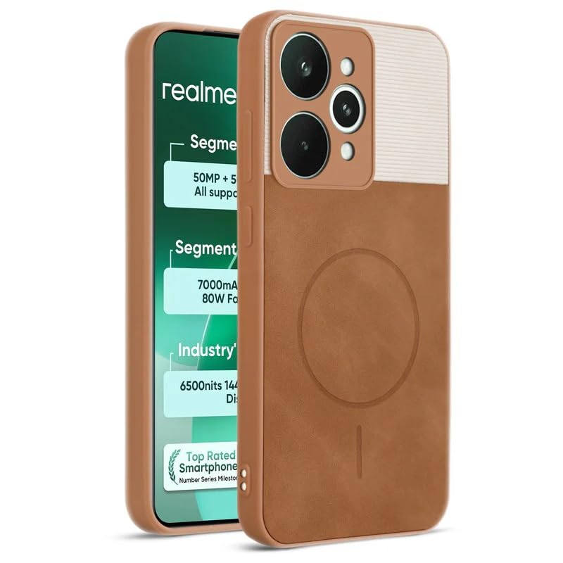 Image of Bintage case Macc-Safe Design Hard Light Weight Back Case | Soft Border Camera Protect | Dual PU Leather Finish Back Cover Compatible for Realme 15 Pro 5G - White & Brown