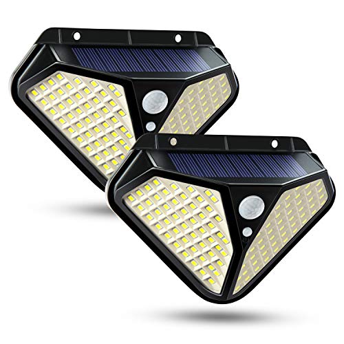 102 LED Applique Solaire Extérieur,Lumière solaire étanche IP65 grand angle 270 °, Lampe de Sécurité avec Détecteur de Mouvement, 3 Modes Intelligent lampe Mural Solaire pour Jardin (2 pièces）