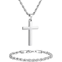 NORBU Stainless Steel Cross Necklace and Bracelet Set for Men, Rope Chains | Rope Link Chains 20" Length, Bracelet 7.5"/8" Length, No Tarnish & Durable Mens Religious Gift