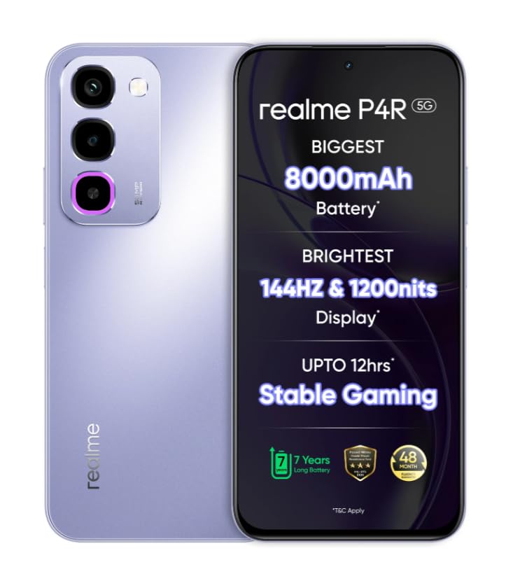 realme P4R 5G Smartphone, Lavender Glare, 8000mAh Battery, 144Hz Display, 256GB Storage, 6GB RAM