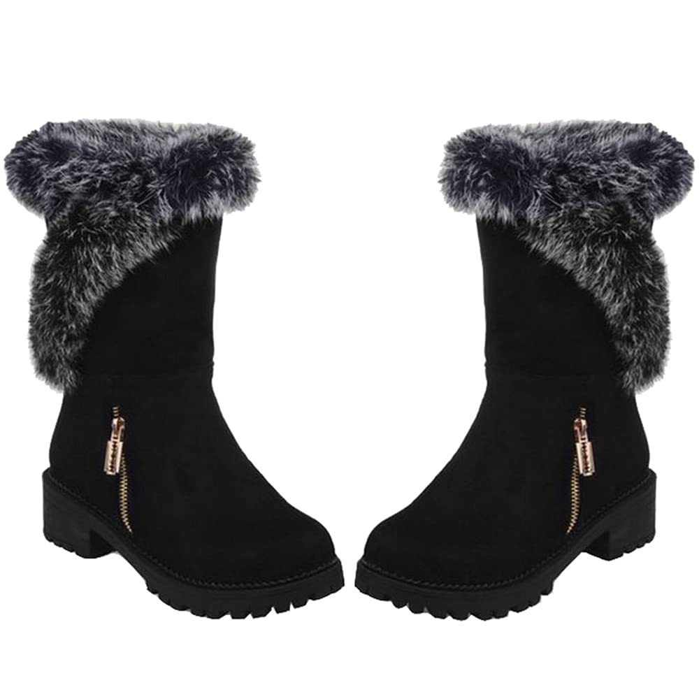 Onewus Damen Winterstiefel mit halbhoher Wade, warmem Kunstpelz und niedrigem Chunky Heel