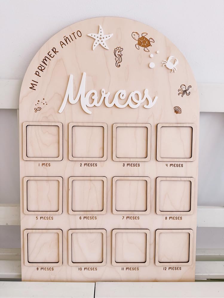 MONAMI - Marco de fotos personalizado mi primer año de bebé. Marco con 12 meses, un recuerdo imborrable y ÚNICO del crecimiento de tu peque. Realizado en madera natural y artesanal.