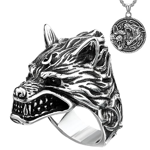 Bijoux vikings nordiques pour hommes avec bague loup et collier en acier sculpté