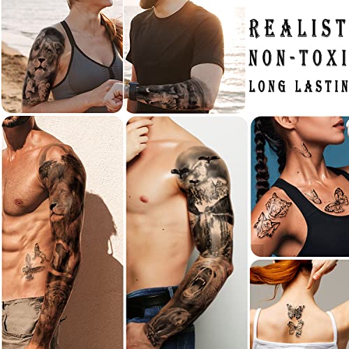 Soovsy 46 Sheets Temporary Tattoos For Men (22.83"X7.1"), Extra Large Full Arm Temporary Tattoos Sleeve For Women, Lion Tiger Snake Wolf Waterproof Realistic Animal Fake Tattoo Stickers For Boys #TOP5