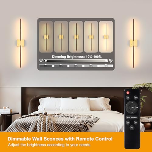 Image of Morauroral Walnut Gold Battery Operated Wall Sconce with Remote Control, Rechargeable Wall Sconces Set of 2, LED Wireless Wall Light, Modern Sconce Wall Decor for Bedroom, Living Room