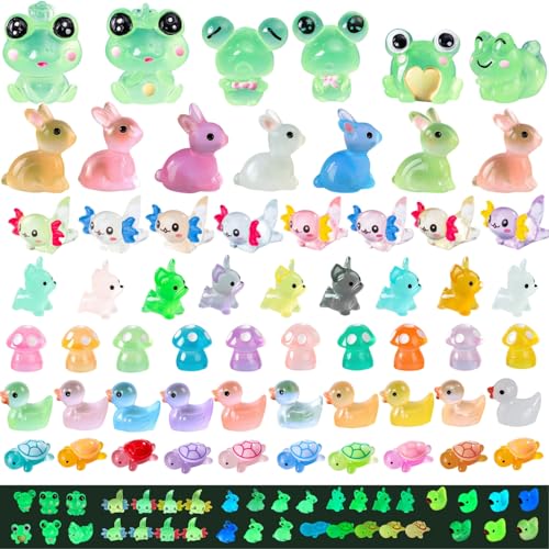 Yiqicomle 60 mini animali luminosi in resina, 7 stili piccoli in miniatura che si illuminano al buio, anatre coniglio, cane, piccolo per acquario, giardino delle fate, micro paesaggi, casa delle