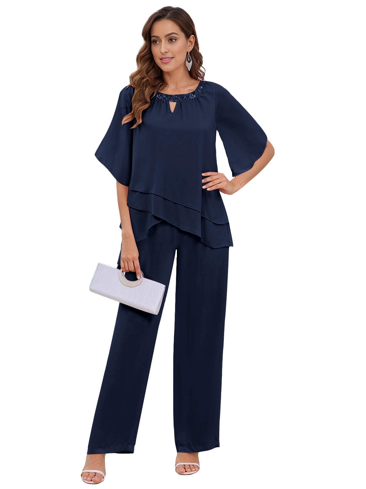 BONOYUER 2 Pieces Mother of the Bride Pant Suits for Women Dressy Chiffon Wedding Guest Outfits with Sleeves