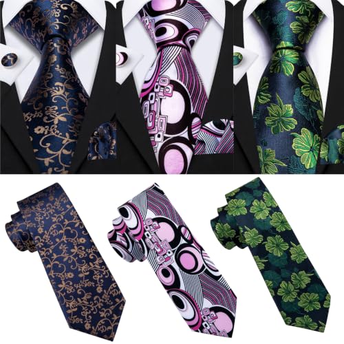 Image of Barry.Wang 6 PCS Men Ties Set Silk Business Fashion Woven Necktie Handkerchief Cufflinks Paisley Stripe Wedding Party