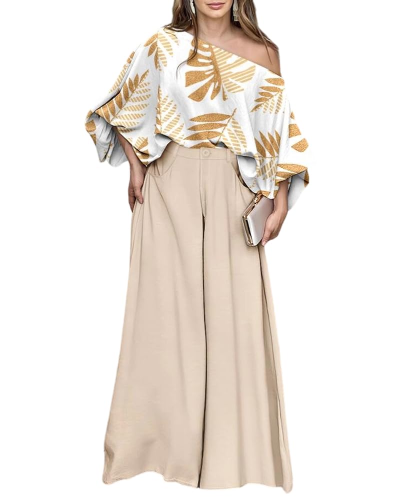 Image of CHICME Women Summer 2 Piece Outfits Off Shoulder Top Flowy Wide Leg Pants Set Vacation Travel Airport Outfits
