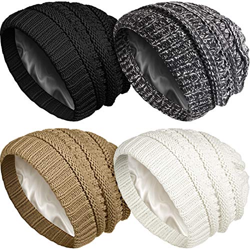Image of Geyoga Winter Beanies Satin Lined Warm Thick Knitted Hats Slouchy Caps for Women