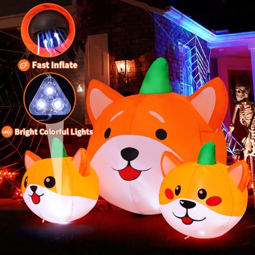 Image of GOOSH 5 FT Long Halloween Inflatables Pumpkin Dog Outdoor Decorations Blow Up Yard Dog Head Combo Decoration with Built-in LEDs for Indoor Party Garden Lawn Holiday Decor