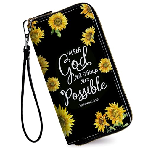 Image of Women's Wallets,Credit Card Holder Money Leather Long Wallet with Wristlet,Large Capacity with Zip-Around Phone Purse for Women Ladies Girls,Sunflower Matthew 19:26