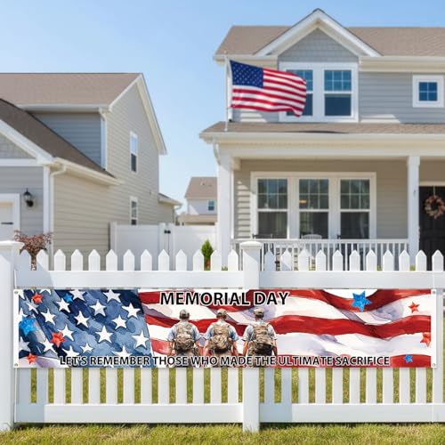Memorial Day Banner- Patriotic 4th of July Memorial Day Decorations Stars and Stripes Veterans American Patriotic Vertical Burlap Outdoor Decor 1.54 x 8.5 FT Outdoor