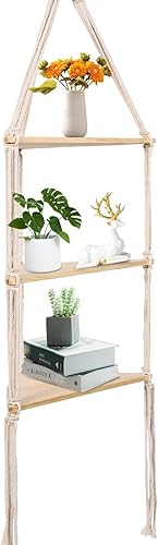 Miniatura 7 de ARMERI Estante colgante de macramé, decoración de pared bohemia de 3 niveles, cuerda de algodón hecha a mano, estantes flotantes de madera rústica
