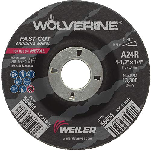Image of Weiler 56464 4-1 /2 inch X 1 /4 inch Wolverine Type 27 Grinding Wheel, A24R, 7 /8 inch A.H. (Pack of 10)