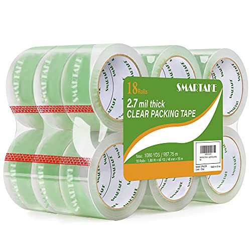 SMARTAKE 18-Roll Clear Packing Tape, Heavy Duty Packaging Tape, for Shipping, Mailing, Sealing, Suitable for 3 in Tape Dispenser, HD & Strong Seal, 2.7mil Thick, 1.88   x 60 Yards (1080 Yards Total)