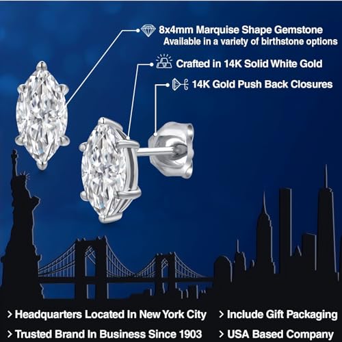 Gem Stone King 14K White Gold 8X4MM Marquise Cut Gemstone Birthstone Double Notch Stud Earrings | Gold Earrings For Women Men2