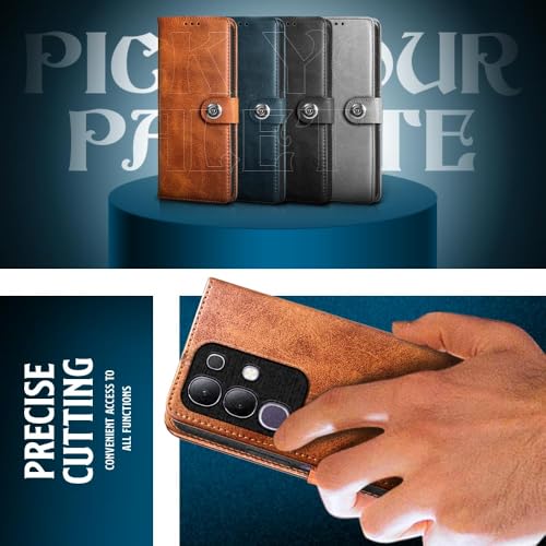 Image of WOW IMAGINE Shock Proof Flip Cover Back Case for Vivo T4x 5G | iQoo Z10x 5G | Vivo Y31 Pro 5G (Magnetic Button Flip Case | Wallet Pockets & Stand | Leather Finish | Alder Brown)