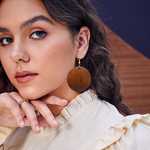 Kafu Dangle Natural Wood Teardrop Geometric Circle Earrings Stainless Steel Stud Bohemia Retro Earrings For Women Girls (Dark Brown-Round) #TOP2