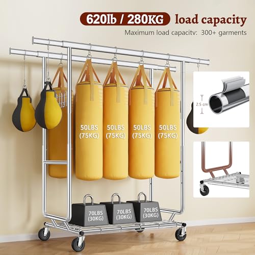 FAVOOSTY Perchero doble resistente,capacidad de 200 kg, extensible y ajustable, perchero con ruedas y estantes bloqueables para dormitorio, sala de estar, color plateado - imagen 6