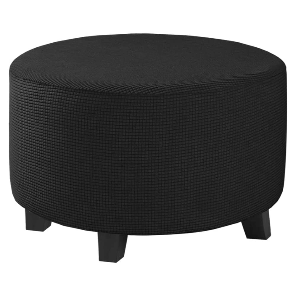 Highdi Ottoman Cover Round, Stretch Jacquard Fabric Footstool Slipcover, Solid Color Stool Protector Cover with Elastic Bottom, Dustproof Removable Washable Footrest Pouffe Covers (Black,L)