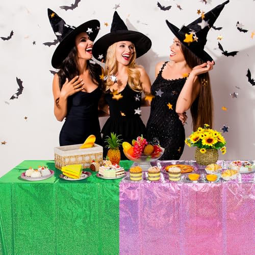 Image of 4 Pcs Iridescent Pink and Green Tablecloth Party Decorations, Holographic Foil Plastic Table Cloths for Rectangle Tables, Disposable Green and Pink Table Cover for Witch Theme Birthday Party Supplies