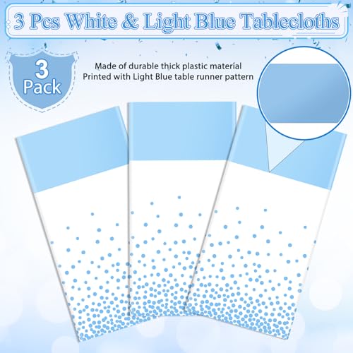 Image of MASHAN 3Pcs White and Light Blue Tablecloth Party Decorations,Plastic White Table Cloth Printed Baby Blue Table Runner Disposable Rectangle Cover for Birthday Baby Shower Wedding Party,54 x108 Inch