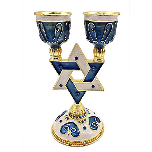 Gorgeous Blue Star of David Shabbat Candle Holder Gold Accents Embellished with Genuine Crystals Comes in a Beautiful Gift Box