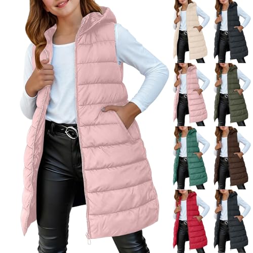 Puffer Vest for Girls Winter Warm Long Quilted Sleeveless Hooded Jacket Kids Fall Fashion Down (Beige, 13-15 Years)