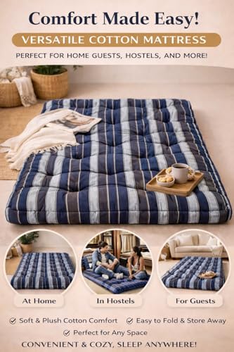 Image of Adim's Handmade Traditional Quilt Gadda Mattress, Blue Lining, 7x6 ft,Pure Cotton Fabric, Cotton Filled, Firm, Reversible Design, for Floor Sleeping and Bed Use