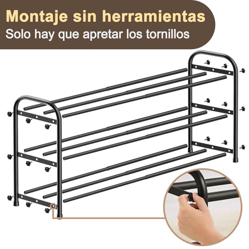 Miniatura 7 de Mikvoyo Zapatero Extensible De 3 Niveles, Metálico Negro, Para Entrada Recibidor, Exterior, Armarios Interior, Pasillo, Dormitorio