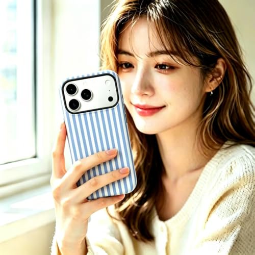 Image of for iPhone 17Pro Case Cute Phone Case,Compatible with MagSafe,Dual Layer Shockproof Protective Phone Cover,Hard Shell + Silicone Cover,Fashion Design for Women Girls,Striped Blue