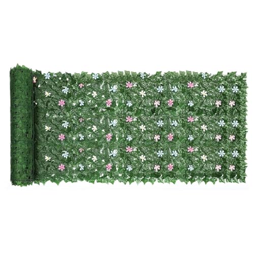 Rollo de seto decorativo de hojas de hiedra artificial verde con flores artificiales, 3 m x 1 m, valla de privacidad de hiedra artificial para pared, balcón, jardín, decoración de interior y exterior